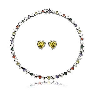 Conjunto riviera coração de brinco e colar cravejado de zirconia rainbow banho em rodio branco