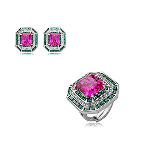 Conjunto de brinco e anel cravejado de zirconia pink banho em rodio branco