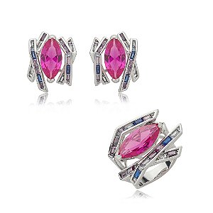 Conjunto de brinco e anel cravejado de zirconia pink banho em rodio branco