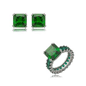 Conjunto de brinco e anel cravejado de zirconia esmeralda banho em rodio branco