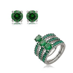 Conjunto de brinco e anel cravejado de zirconia esmeralda banho em rodio branco