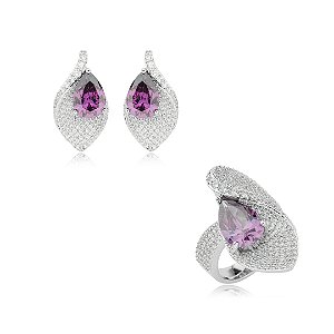 Conjunto de brinco e anel cravejado de zirconia tanzanita banho em rodio branco