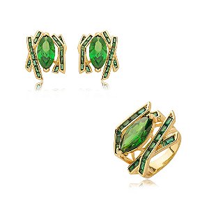 Conjunto de brinco e anel cravejado com zirconia esmeralda banho em ouro 18k