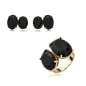 Conjunto de brinco e anel cravejado com zirconia onix banho em ouro 18k