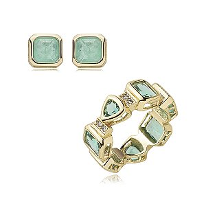 Conjunto de brinco e anel cravejado com zirconia turmalina banho em ouro 18k