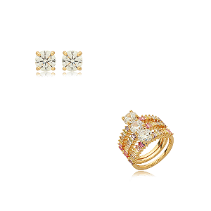 Conjunto de brinco e anel cravejado de zirconia rainbow banho em ouro 18k
