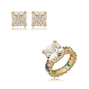 Conjunto de brinco e anel cravejado de zirconia banho em ouro 18k