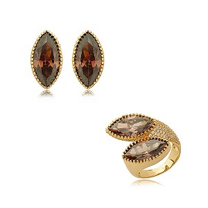 Conjunto de brinco e anel cravejado de zirconia granada banho em ouro 18k