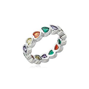 Anel de coração cravejado de zirconia rainbow banho em rodio branco