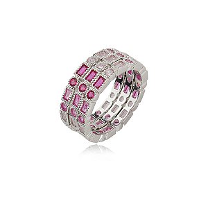 Trio de anel cravejado de zirconia pink banho em rodio branco