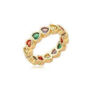 Anel de coração cravejado de zirconia rainbow banho em ouro 18k