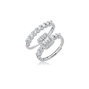 Dupla de aneis cravejado de zirconia cristal banho em rodio branco