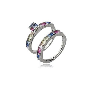Dupla de aneis cravejado de zirconia rainbow banho em rodio branco