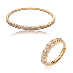 Conjunto de anel e bracelete cravejado de zirconia cristal banho em ouro 18k