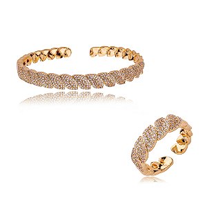 Conjunto de anel e bracelete cravejado de zirconia cristal banho em ouro 18k