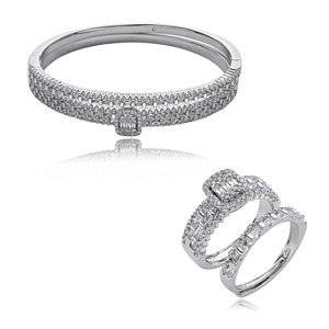 Conjunto de anel e bracelete cravejado de zirconia cristal banho em rodio branco