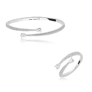 Conjunto de anel e bracelete cravejado de zirconia cristal banho em rodio branco
