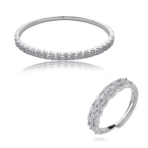 Conjunto de anel e bracelete cravejado de zirconia cristal banho em rodio branco