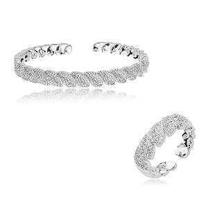 Conjunto de anel e bracelete cravejado de zirconia cristal banho em rodio branco