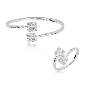 Conjunto de anel e bracelete cravejado de zirconia cristal banho em rodio branco