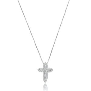 Colar com pingente cravejado de zirconia cristal banho em rodio branco