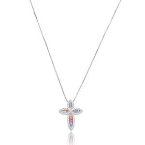 Colar com pingente cravejado de zirconia colorida banho em rodio branco