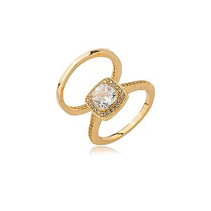 Dupla de aneis cravejado de zirconia cristal banho em ouro 18k