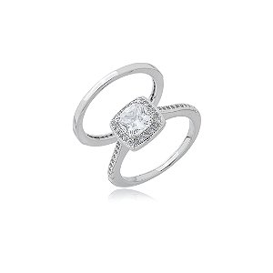 Dupla de aneis cravejado de zirconia cristal banho em rodio branco