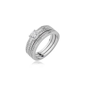 Trio de aneis cravejado de zirconia cristal banho em rodio branco