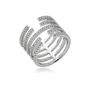 Anel cravejado de zirconia cristal banho em rodio branco