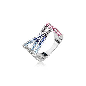 Anel cravejado de zirconia rainbow banho em rodio branco