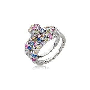 Dupla de aneis cravejado de zirconia rainbow banho em rodio branco
