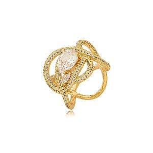 Anel dourado cravejado de zirconia cristal banho em ouro 18k