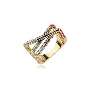 Anel dourado cravejado de zirconia rainbow banho em ouro 18k