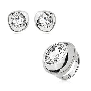 Conjunto de brinco e anel cravejado de zirconia cristal banho em rodio branco