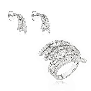 Conjunto de brinco e anel cravejado de zirconia cristal banho em rodio branco