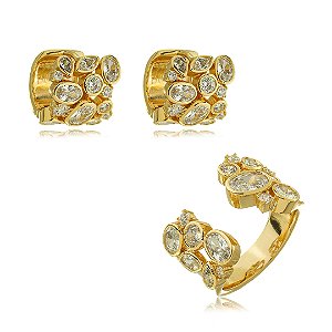 Conjunto de brinco e anel cravejado de zirconia cristal banho em ouro 18k