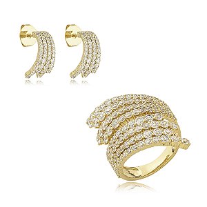 Conjunto de brinco e anel cravejado de zirconia cristal banho em ouro 18k