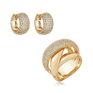 Conjunto de brinco e anel cravejado de zirconia cristal banho em ouro 18k