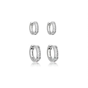 Dupla de argola cravejada de zirconia cristal banho em rodio branco