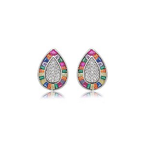 Brinco cravejado de zirconia rainbow banho em rodio branco