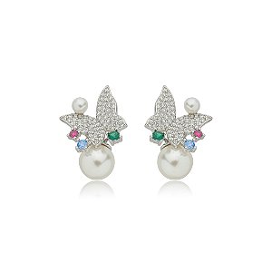 Brinco de perola cravejado de zirconia banho em rodio branco