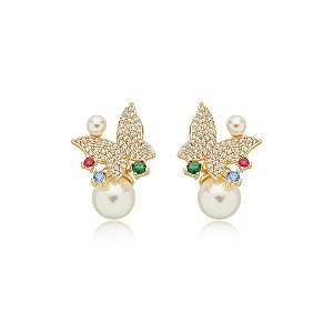 Brinco de perola cravejado de zirconia banho em ouro 18k
