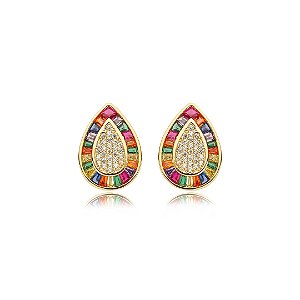 Brinco cravejado de zirconia rainbow banho em ouro 18k