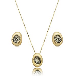 Conjunto de brinco e colar acetinado cravejado de zirconia fume banho em ouro 18k