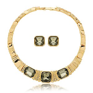 Conjunto de brinco e colar acetinado cravejado de zirconia fume banho em ouro 18k