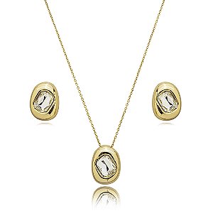 Conjunto de brinco e colar cravejado de zirconia cristal banho em ouro 18k