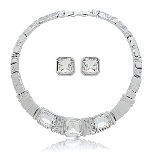 Conjunto de brinco e colar cravejado de zirconia cristal banho em rodio branco