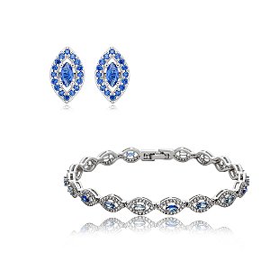 Conjunto de brinco e pulseira cravejado de zirconia safira banho em rodio branco