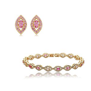 Conjunto de brinco e pulseira cravejado de zirconia pink banho em ouro 18k